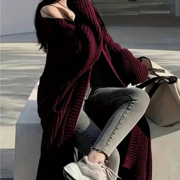 Burgundy Casual Women's Open Front Loose Knit Cardigan - Picture 3 of 4
